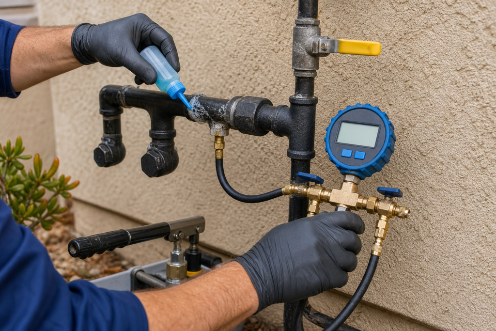 Professional pressure testing an isolated residential black-iron gas line in Los Angeles
