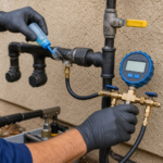 Professional pressure testing an isolated residential black-iron gas line in Los Angeles