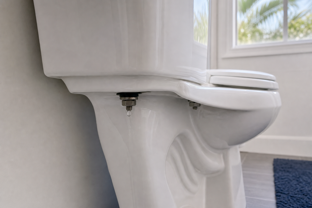 Water droplet beneath one toilet tank-to-bowl mounting bolt while the second mounting bolt remains dry