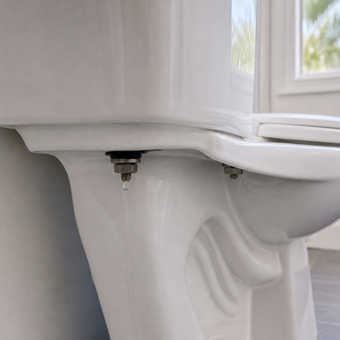 Water droplet beneath one toilet tank-to-bowl mounting bolt while the second mounting bolt remains dry
