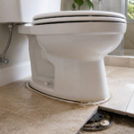 White residential toilet shifted from its old caulk line with an uneven base gap and visible flange-support concern