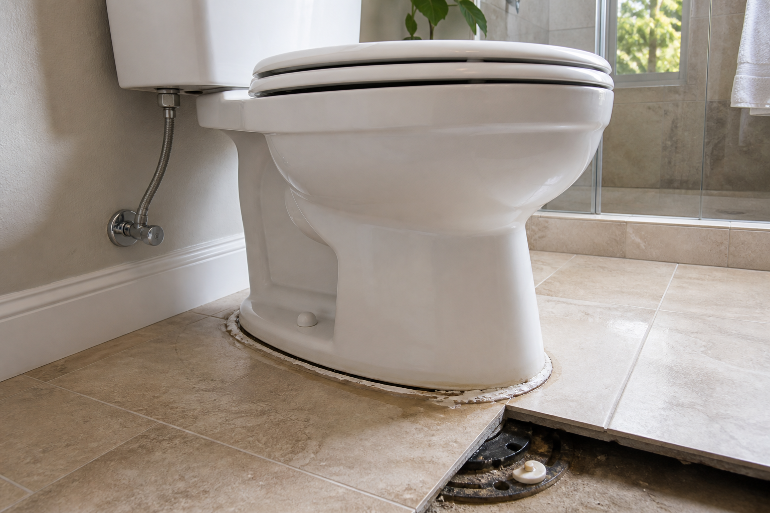 White residential toilet shifted from its old caulk line with an uneven base gap and visible flange-support concern