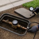 Residential water meter between utility-side and home-side copper pipes while a plumber compares pressure readings to locate a leak