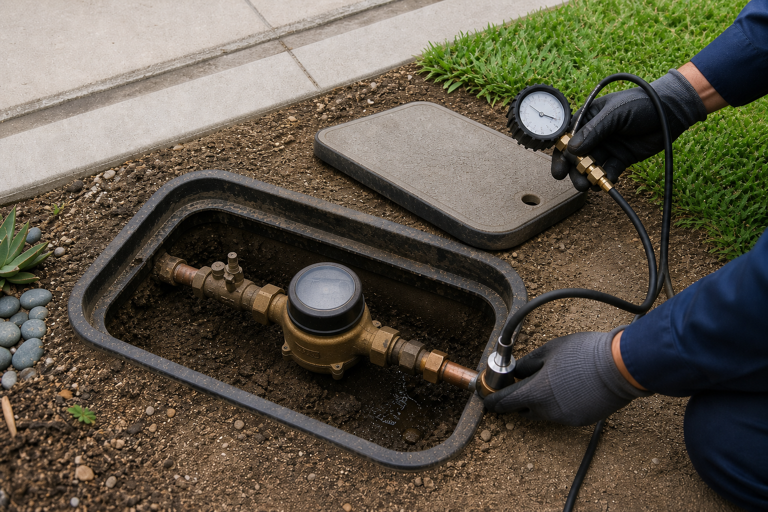 Residential water meter between utility-side and home-side copper pipes while a plumber compares pressure readings to locate a leak